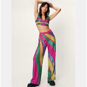Nasty Gal Sequin Color block Wide Leg Pants Size 4